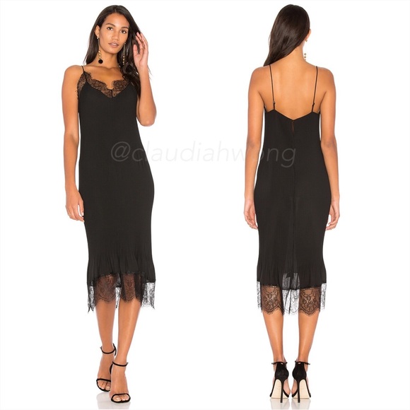 DELFI COLLECTIVE Claire Pleated Lace Trim Midi Slip Dress in Black - Picture 1 of 6